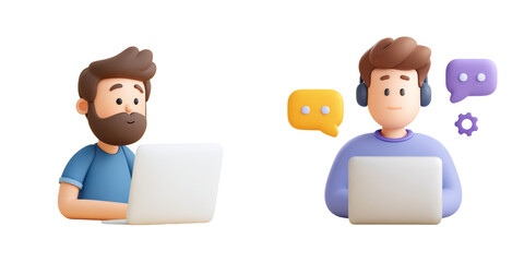 Two 3D cartoon men using laptop for online communication and technical support