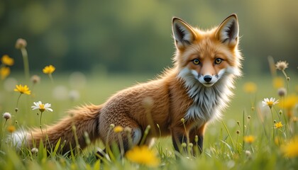 Obraz premium A red fox stands alert amongst a field of wildflowers bathed in soft, dappled sunlight, summer day.