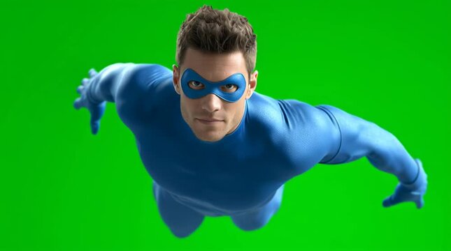 A male superhero in blue tights is flying on a green screen background