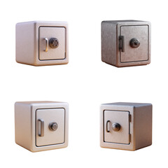 Set of four 3d render metal safes, security concepts, financial savings, secure storage