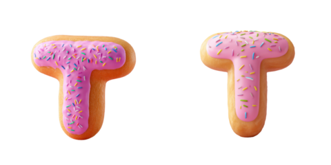 Letter T shaped donuts, pink frosting, sprinkles, sweet dessert food