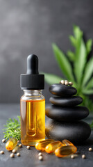Organic cbd cannabis oil in glass dropper bottle with capsules and black spa stones creates calming natural wellness scene with green leaves and seeds enhancing peaceful mood