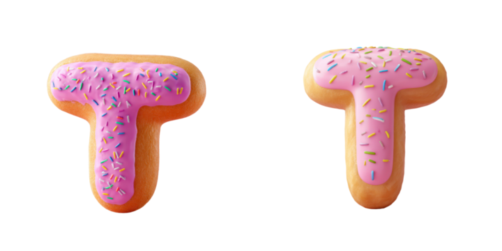 Letter T shaped donuts, pink frosting, sprinkles, sweet dessert food