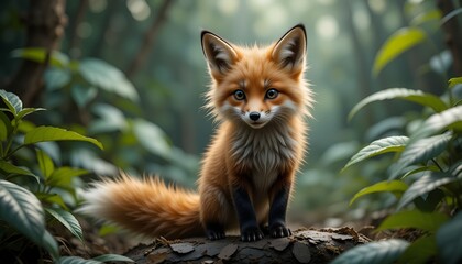 Obraz premium A charming fox kit sits alertly on a log amidst a lush, verdant forest backdrop, captivatingly cute