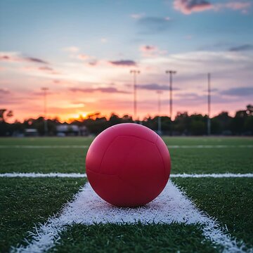 A bright, rubber kickball resting on a chalked kickball base line, with a playful, pink and blue sunset in the background.	
