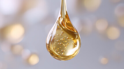 Golden drop of organic cbd cannabis oil with bubbles inside glowing softly in light with smooth texture and natural purity for health and wellness product concept