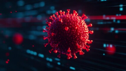 A detailed digital illustration of a red coronavirus particle with spike proteins, set against a dark background with glowing red and blue particles. - Powered by Adobe