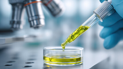 Organic cbd cannabis oil in laboratory setting with dropper releasing yellow liquid into petri dish showing scientific research and testing for natural health products
