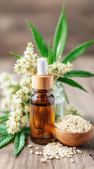 Organic cbd cannabis oil in amber glass bottle with dropper surrounded by cannabis leaf flower and seeds on wooden table for natural wellness and health care