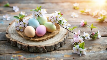 Pastel Easter eggs nestled in spring blossoms on a rustic wooden slice