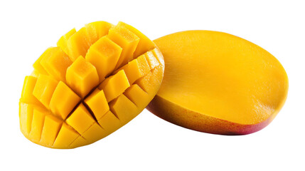 a mango cut in half and a mango on the side