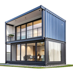 Minimalist modern container-style house front view isolated on transparent background PNG