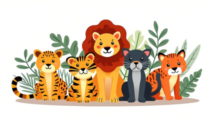 Cartoon Animals Featuring a Lion Two Tigers Panther and a Cheetah Sitting Together Among Tropical Green Leaves on a White Background