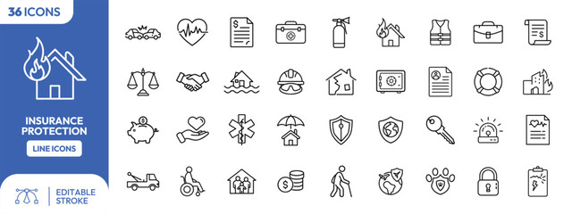 A collection of line icons representing various insurance and protection concepts, displayed on a blue background.
