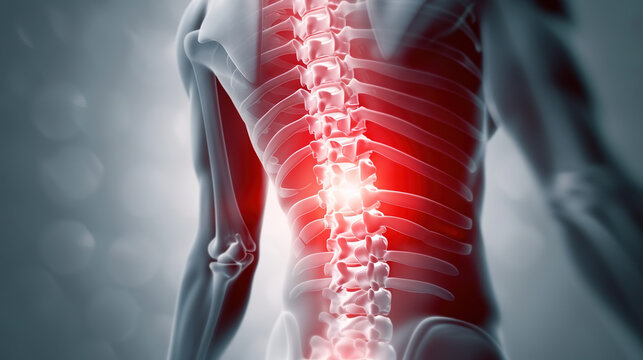 Human spine model with damaged vertebrae, close-up view of injury area for medical education and healthcare concepts, anatomical study of vertebral column and spinal disorders.
