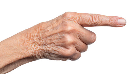Wrinkled hand isolated on transparent background pointing finger with detailed skin texture