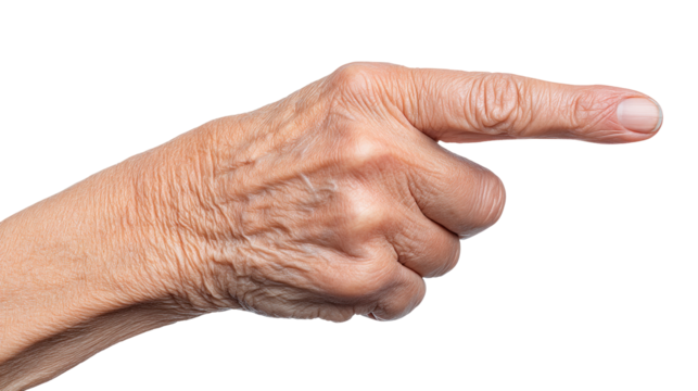 Wrinkled hand isolated on transparent background pointing finger with detailed skin texture