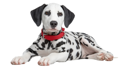 Dalmatian puppy isolated on transparent background lying down with red collar