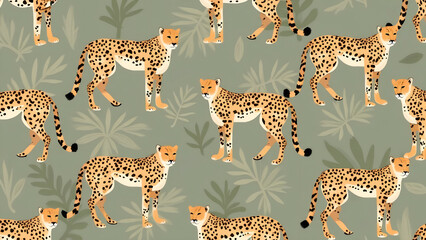 Seamless Pattern of Elegant Cheetahs in a Tropical Foliage Background Bringing Wild Beauty and Sophistication to Creative Designs and Exquisite Applications