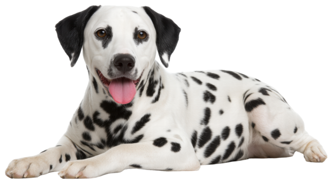 Dalmatian dog isolated on transparent background with happy expression and tongue out