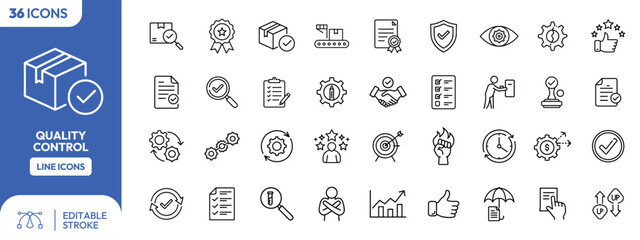 A collection of thirty-six line icons depicting various aspects of quality control, including package inspection, process optimization, and customer satisfaction.