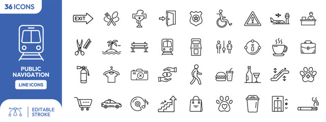 A collection of line art icons representing public navigation and various common symbols.