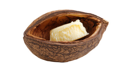a peeled banana in a half shell on a white background