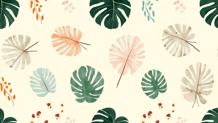 Elegant Tropical Leaves Watercolor Pattern Design With Variety of Monstera Leaf Illustrations and Subtle Earthy Hues Against a Cream Backdrop