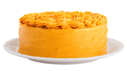 a yellow cake with orange frosting on a white plate