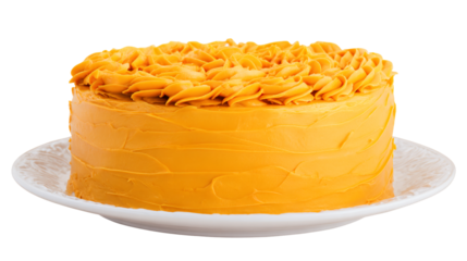 a yellow cake with orange frosting on a white plate