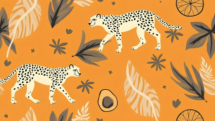 Tropical Safari Illustration Featuring Leopards Amidst Exotic Flora and an Orange Background Creating a Captivating Jungle Ambiance