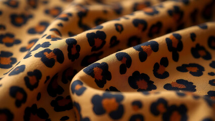 Luxurious Leopard Print Fabric Close Up Revealing an Elegant Feline Inspired Design and Textile Texture With a Soft, Gentle Folded Appearance