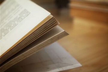 Soft-focus image of an open book with aged pages on a wooden surface, evoking a vintage,...