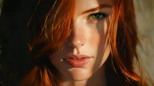 Close-up portrait of a freckled redhead with green eyes, sunlit hair partially covering her face