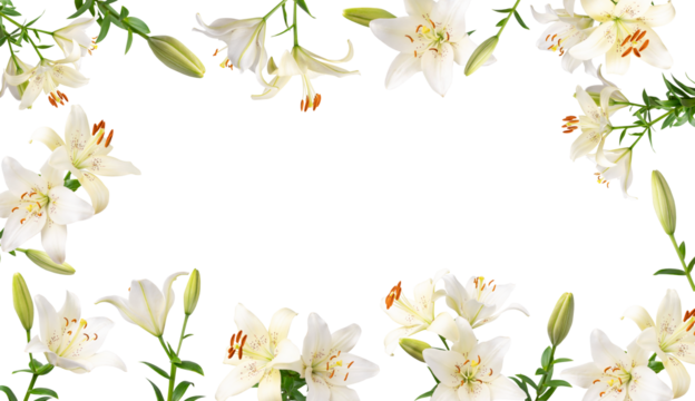Cut out flowers. Frame from white lily flowers with green leaves and buds isolated on background. With clipping path. Floral frame for design, postcards, congratulations, mockup - Powered by Adobe