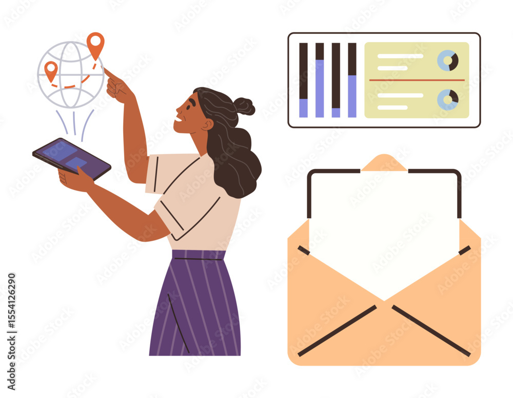 Poster woman using a tablet to assess geolocated data on a globe, analytics bar charts, and an open envelop