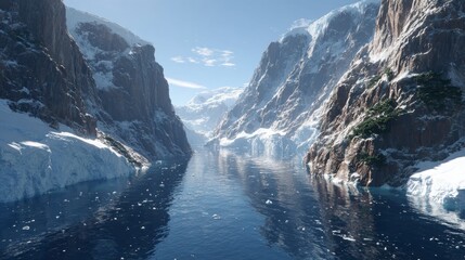 Fototapeta premium Arctic Fjord Dramatic Winter Landscape Snow Mountains Glacial Water Icebergs