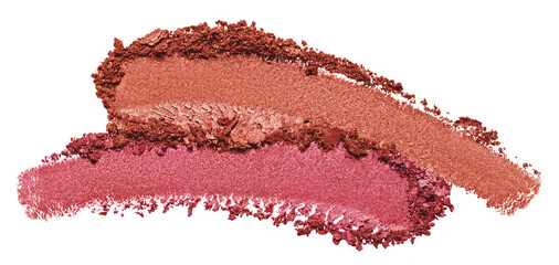 Eyeshadow texture swatches. Blush; bronzer brush strokes. Shimmer makeup powder smudge isolated on transparent background