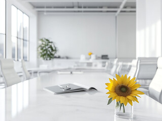 A solitary, vibrant sunflower on a polished surface in a modern, sunlit office, contrasting natural beauty with a sterile environment.
