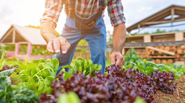 Farmer tending to lush organic lettuce in a sunny vegetable garden, cultivating fresh produce by hand