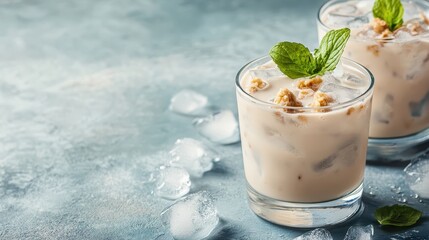 Iced coffee with garnish in glasses sit on blue surface with ice. Ideal for blog posts or recipe pages related to summer refreshment.