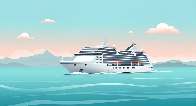 Modern vector graphics, illustration of a cruise liner with multi-level decks on the background of turquoise sea and pink sunset in pastel colors with free space for text