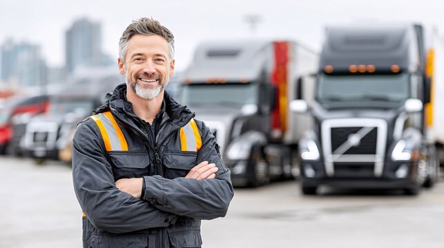 Logistics manager smiling at truck fleet urban environment professional portrait daytime setting