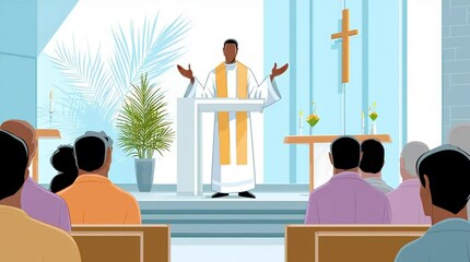 Animation - preacher gives a rousing sermon to the congregation in his church 