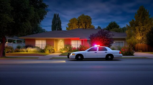 A police car with its lights flashing in front of a suburban house at dusk