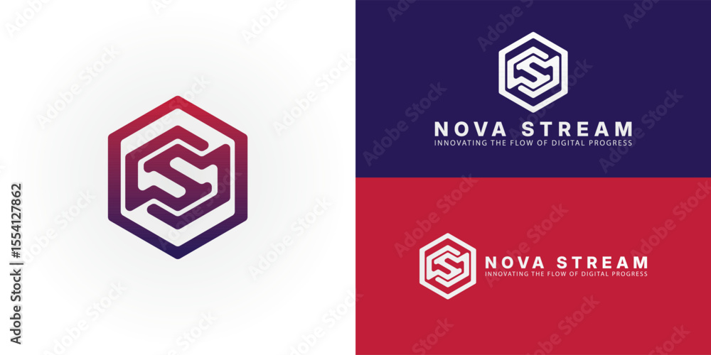 Poster Dynamic geometric logo with a vibrant gradient, featuring abstract interlocking forms that suggest the initials NS within a hexagon. This design is ideal for technology and software development symbol