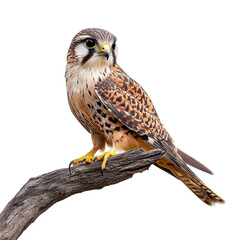 Fototapeta premium Elegant falcon perched on weathered branch black background isolated on a transparent background