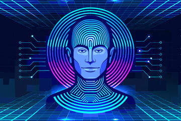 Futuristic AI Portrait with Circuitry and Grid Background A Digital Representation of Artificial Intelligence with a Humanoid Figure and Technological Elements in Blue and Pink