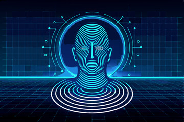 Fototapeta premium Futuristic Biometric Identity Scan with Glowing Blue Lines and Grid Background Representing Advanced Technology Data Security and Artificial Intelligence in a Modern Cyberpunk Aesthetic glowing