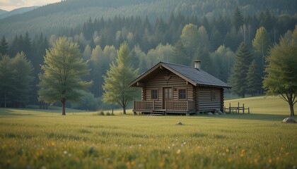 Fototapeta premium A cozy wooden cabin sits peacefully amidst a tranquil green meadow during a soft, dreamy day.
